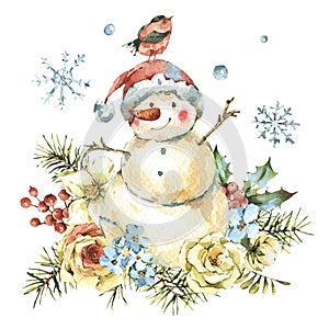 Winter Watercolor Christmas greeting card with cute sowman, flowers