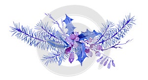 Winter watercolor Christmas greeting card with tree branches and