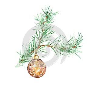 Winter Watercolor christmas tree branch with golden glass bauble ornament, isolated on white background.