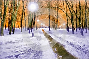 Winter watercolor cityscape. Winter evening. Alley with a path in the snowdrifts among the trees. Bright lights of lanterns.