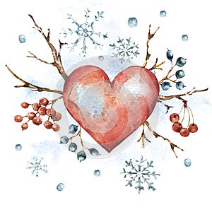 Winter watercolor natural greeting card with red heart, snowflake