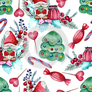 Winter watercolor seamless pattern with gnome, spruce, candy, etc. Hand-drawn Christmas illustration