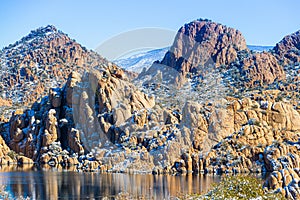 Winter at Watson Lake in Prescott Arizona with the Granite Dells and a blue sky