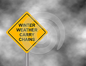 Winter weather carry chains warning road sign. Yellow hazard warning sign, on a grey sky bad weather warning. Vector illu