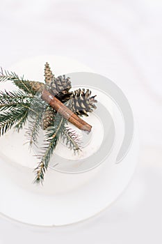 Winter wedding cake, decorated with pine branches, cones and cinnamone, in a snowy forest photo