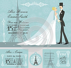 Winter wedding invitation set. Bride, groom