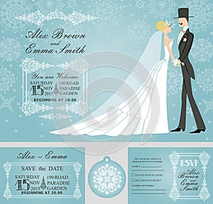 Winter wedding invitation set.Rero bride,groom,