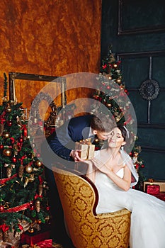 Winter Wedding .Lovers bride and groom in christmas decoration . Groom holding Gift . romantic surprise for Christmas