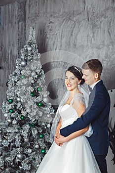 Winter Wedding .Lovers bride and groom in christmas decoration . HGroom and bride together. couple hugging. Wedding day.