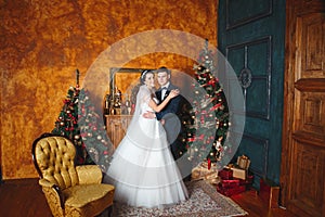 Winter Wedding .Lovers bride and groom in christmas decoration . HGroom and bride together. couple hugging. Wedding day.