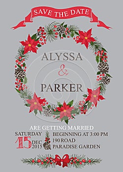 Winter wedding save date card. Christmas wreath
