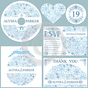 Winter wedding template set.Snowflakes circle