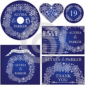 Winter wedding template set.Snowflakes wreath