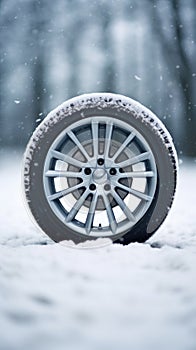 Winter wheel on snow covered road, AI