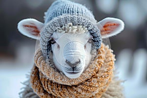 Winter whimsy Cute sheep in knitted scarf and beanie brings humor