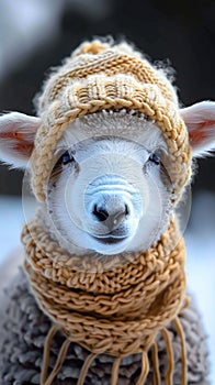 Winter whimsy Cute sheep in knitted scarf and beanie brings humor