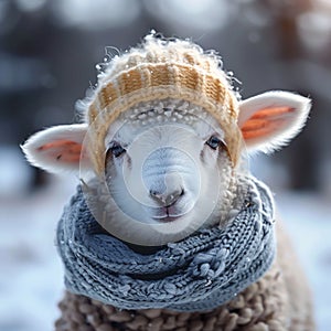 Winter whimsy Cute sheep in knitted scarf and beanie brings humor