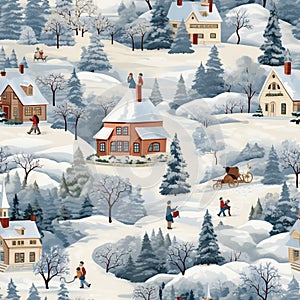 Winter Whimsy: Quaint Village Life in a Seamless Snowy Splendor