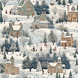 Winter Whimsy: Quaint Village Life in a Seamless Snowy Splendor