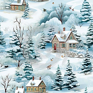 Winter Whimsy: Quaint Village Life in a Seamless Snowy Splendor