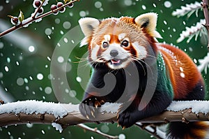 Winter Whimsy: Red Panda Perched on a Frosty Branch Against a Backdrop of Softly Falling Snow, Tufts of Its Chestnut Fur Catching