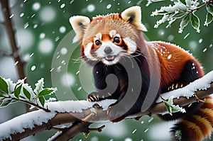 Winter Whimsy: Red Panda Perched on a Frosty Branch Against a Backdrop of Softly Falling Snow, Tufts of Its Chestnut Fur Catching