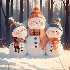 Winter whimsy snowman family poses in a magical winter forest