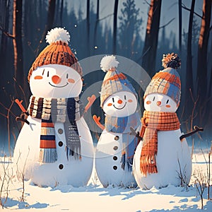 Winter whimsy snowman family poses in a magical winter forest