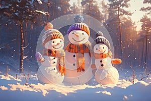 Winter whimsy snowman family poses in a magical winter forest