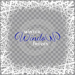 Winter white frozen decorative frame, ice crystal border on transparent background. Vector holiday ornament for design