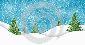 Winter white snow falling with pine trees model toy in blue background.