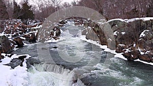 Winter White Water Waterfall with Snowy Rocks - Great Falls National Park