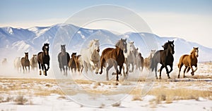 A Winter Wild Horse Roundup. Complete with snowy desert plains and big Rocky Mountain Background