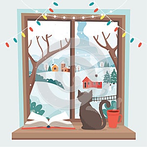 Winter window - a cat sitting on the sill with winter landscape. Cute cozy vector illustration in flat style