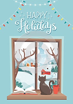 Winter window - a cat sitting on the sill with winter landscape and lettering. Cute cozy vector illustration in flat