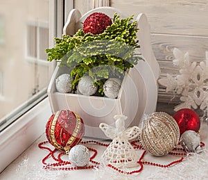 Winter window with Christmas toys and Selaginella martensii