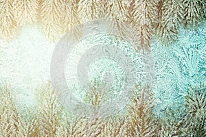 Winter window with snowy fir branch, frost and cold sun light. Christmas background