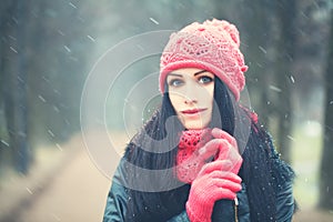 Winter Windy Snow Portrait of Woman Outdoors