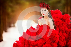 Winter Woman in Crown, Fashion Model Beauty Portrait, Red Ruched Dress