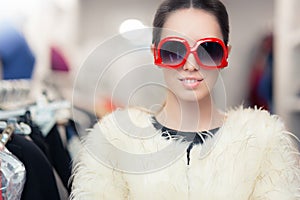 Winter Woman in Fur Coat with Big Sunglasses