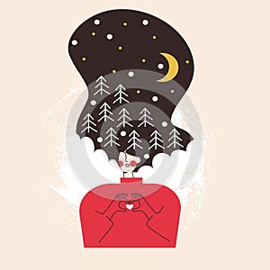 Winter woman with long hair is dreaming and fantasize. Feminine concept flat vector illustration. Girl with universe