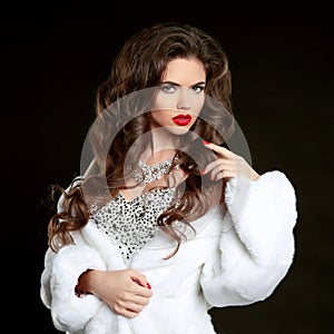 Winter Woman in Luxury white Fur Coat. Beauty Fashion Model Girl