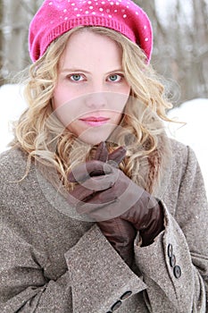 Winter Woman Portrait With Leather Gloves