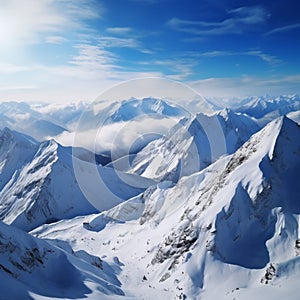 Winter wonder Snow covered mountains in a top view panoramic scene