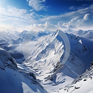 Winter wonder Snow covered mountains in a top view panoramic scene