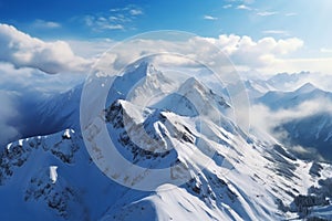 Winter wonder Snow covered mountains in a top view panoramic scene