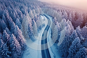 Winter wonderland aerial view of curvy road in snow covered forest