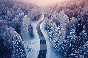 Winter wonderland aerial view of curvy road in snow covered forest