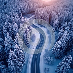 Winter wonderland aerial view of curvy road in snow covered forest