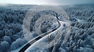 Winter Wonderland: Aerial View of Winding Road in Forest AI Generated